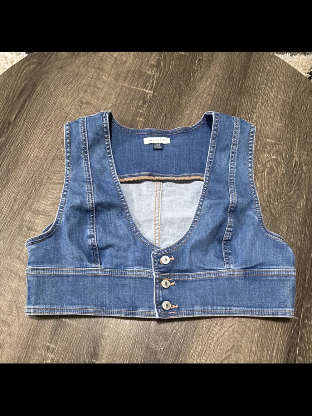 American Eagle Womens Blue Denim Cropped Button Front V-Neck Vest Top Size L